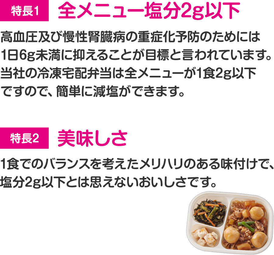 特長1:全メニュー塩分2g以下高血圧及び慢性腎臓病の重症化予防のためには1日6g未満に抑えることが目標と言われています。当社の冷凍宅配弁当は全メニューが1食2g以下ですので、簡単に減塩ができます。 特長2:美味しさ 1食でのバランスを考えたメリハリのある味付けで、塩分2g以下とは思えないおいしさです。
