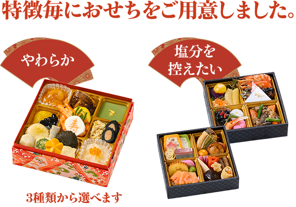 3種類のやわらかおせちと、塩分を控えたい方向けのおせちを1種類ご用意しました。