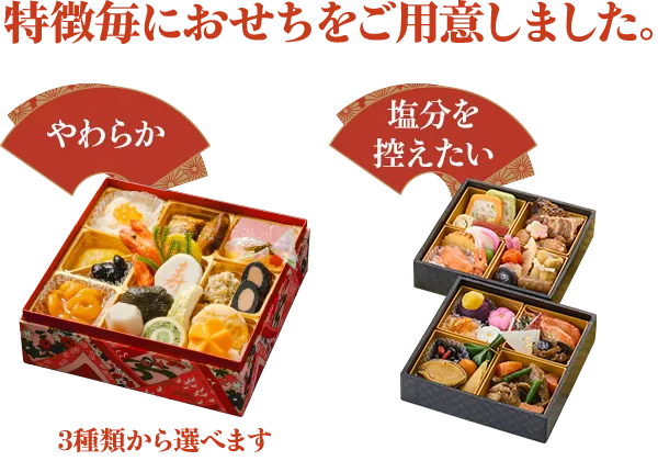 4種類のやわらかおせちと、塩分を控えたい方向けのおせちを1種類ご用意しました。