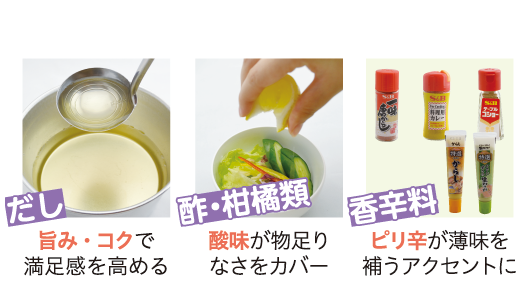 だしや酢・柑橘類、香辛料で薄味を美味しく