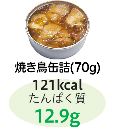 焼き鳥缶詰:121kcal、たんぱく質12.9g